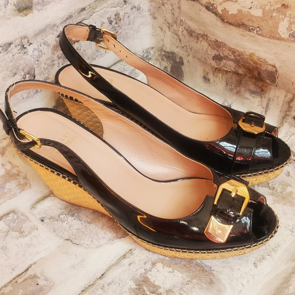 Stuart Weitzman Black Patent Leather Raffia Wedge Sandals Gold Buckle Size 9.5